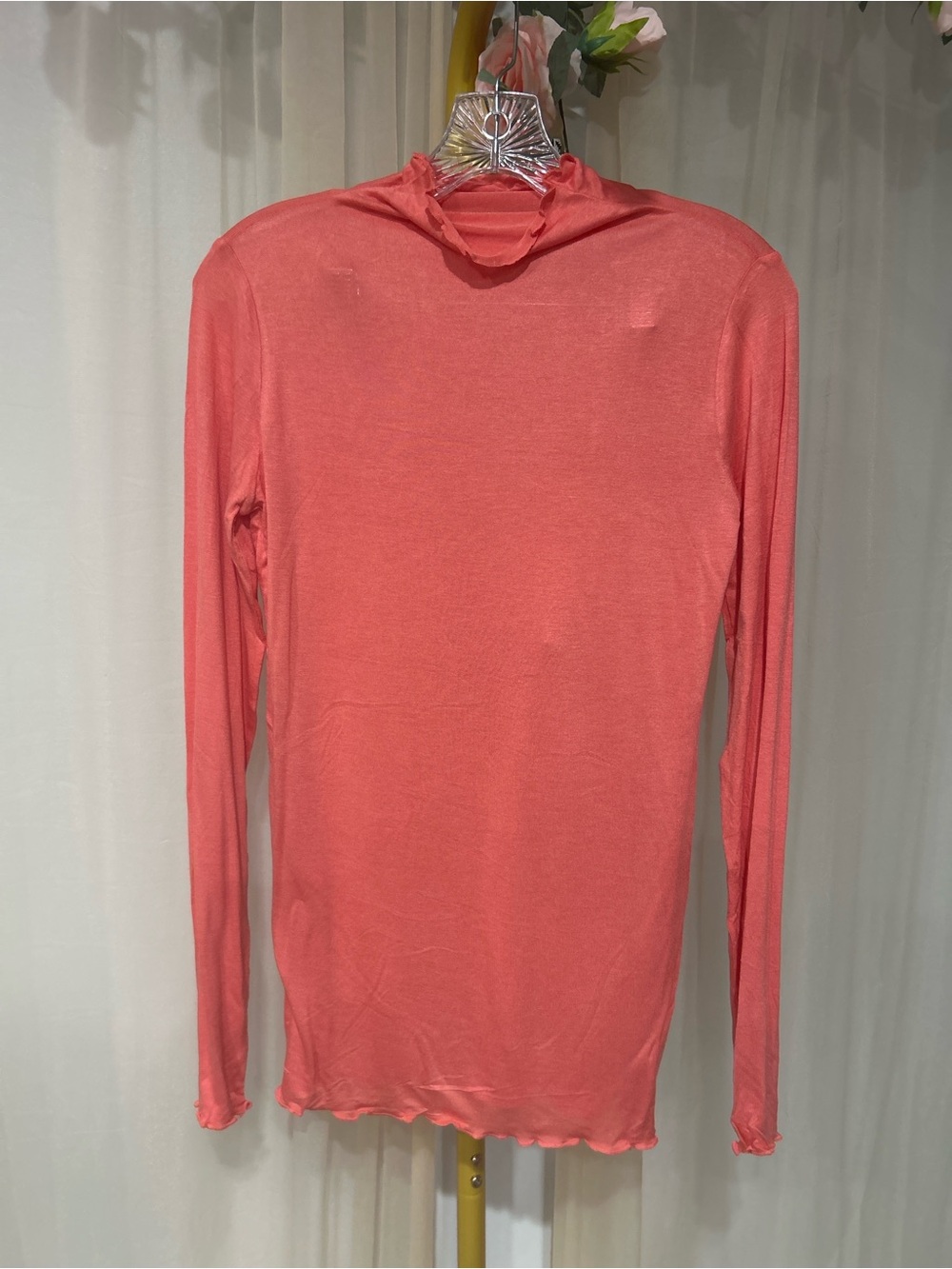 Zenana Coral Lightweight Mock Neck Mesh Long Sleeve Top Sheer Layering Tee L NWT